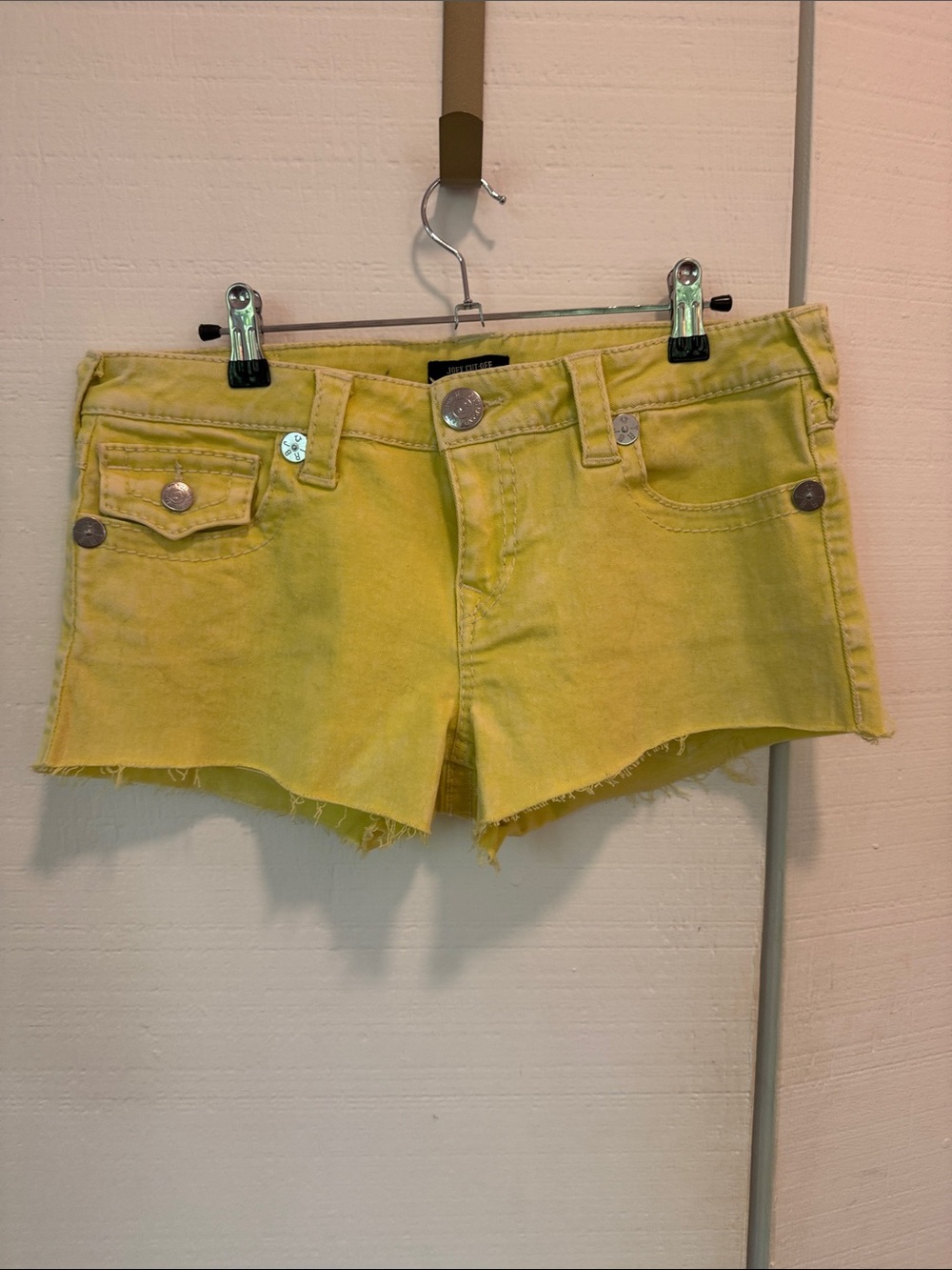 True Religion Yellow Frayed Denim Shorts